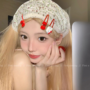 红色新年蝴蝶结小夹子可爱hellokitty发夹日系少女kT猫刘海夹前额