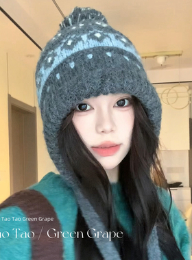 费尔岛复古提花灰色针织毛线帽女2026新款冬季大头围保暖防寒帽子