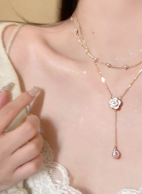 双层流苏长款气质珍珠项链女夏小众设计感山茶花叠戴高级锁骨颈链