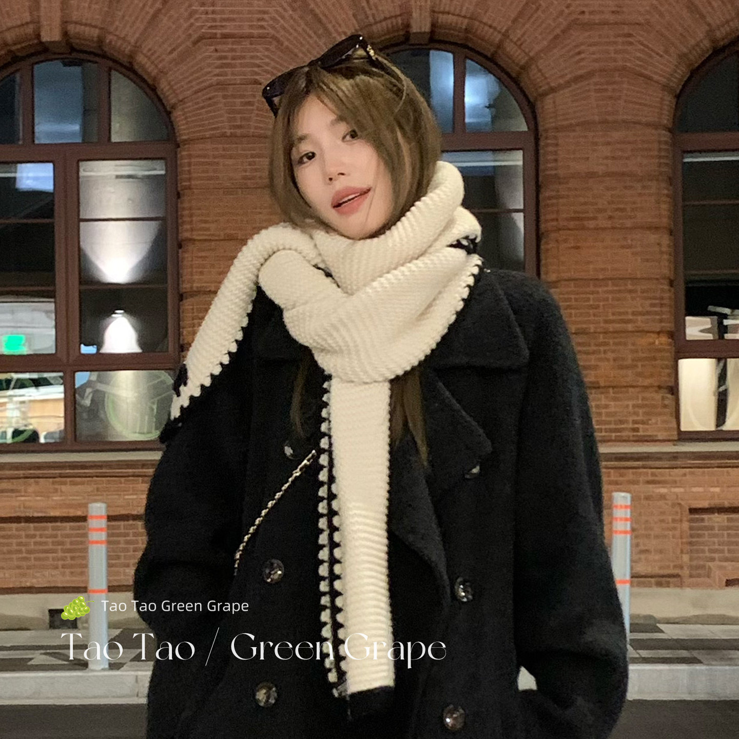 高级感小香风白色针织毛线围巾女冬加厚保暖韩系氛围感柔软围脖