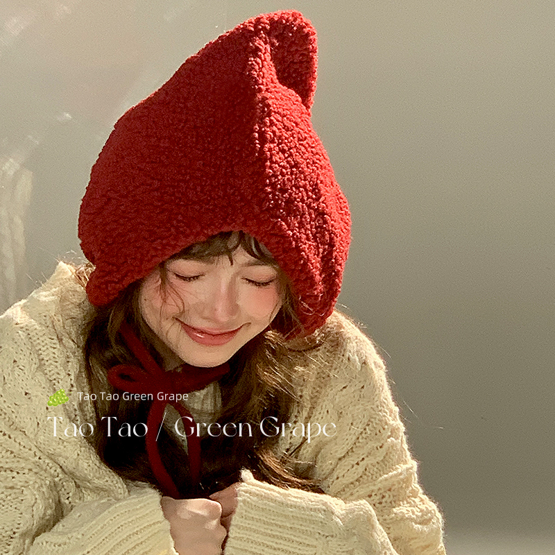 新年圣诞节红色可爱羊羔毛绒帽子女大头围冬季保暖护耳女巫小红帽