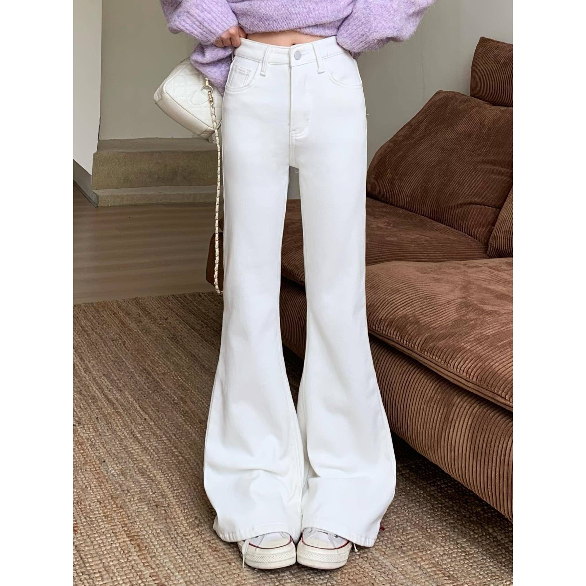 3MER哦哦三妹白色微喇牛仔裤女秋冬新款加绒加厚百搭显瘦拖地裤子