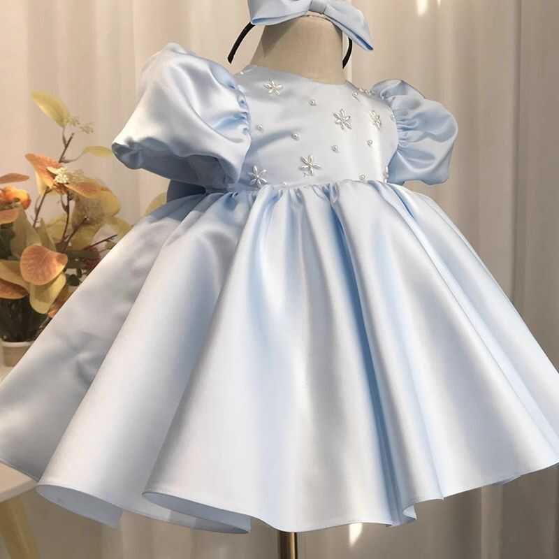 女童缎面公主裙礼服裙钉珠蓝色周岁礼服小主持人演出服蓬蓬裙生日