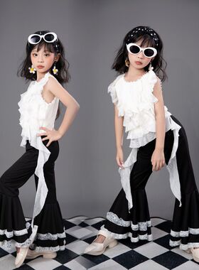 女童白色荷叶边背心喇叭裤套装复古港风走秀T台演出服幼儿园表演