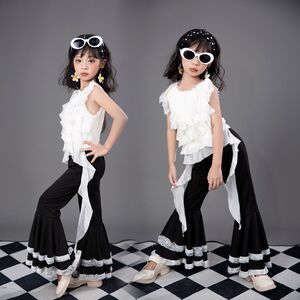 女童白色荷叶边背心喇叭裤演出服