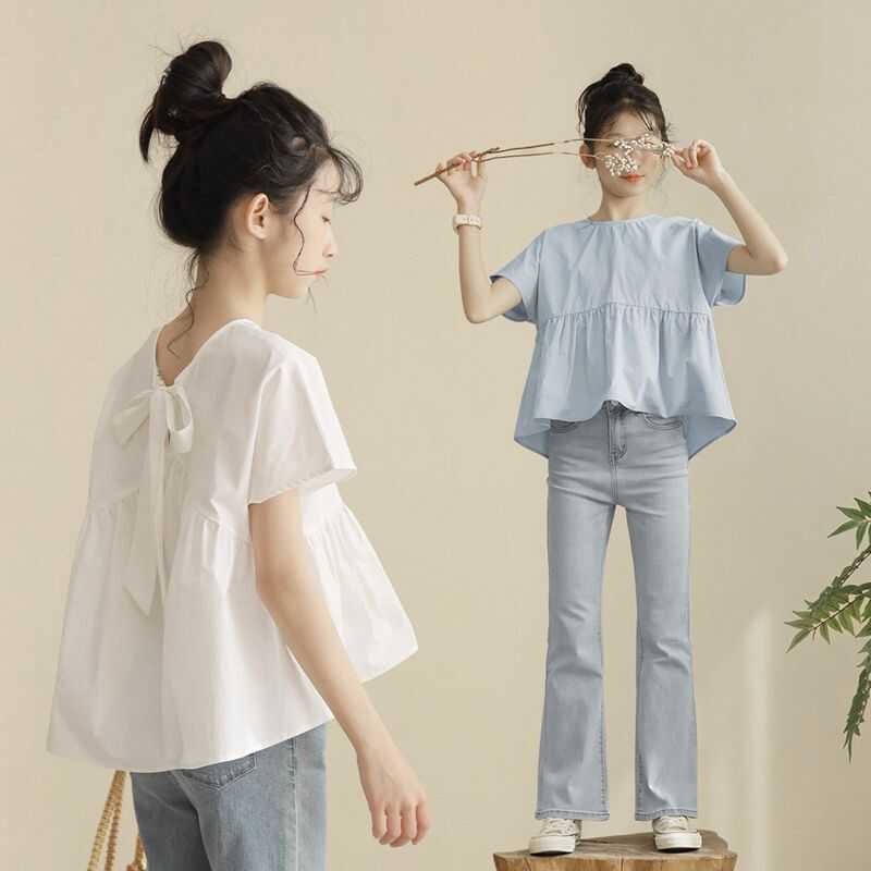 女童短袖娃娃衫夏季新款中大童设计感白色甜美上衣亲子装T恤跨境