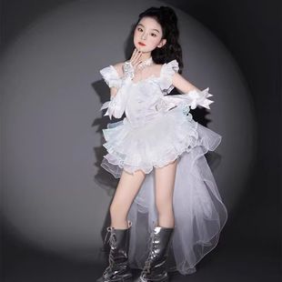 女童白色生日拖尾礼服洛丽塔风格T台走秀蓬蓬裙花童女团秀服爱豆