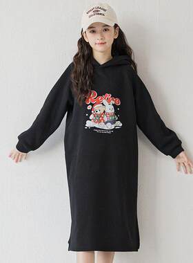 连衣裙女童卫衣裙秋冬加绒连帽