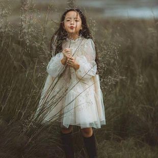 女童连衣裙长袖纱裙香槟色网纱演出服礼服裙生日公主裙娃娃裙春秋