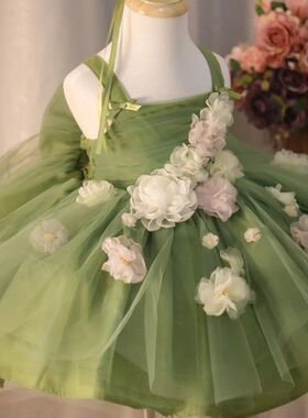 女童礼服绿色精灵花朵生日公主裙儿童周岁蓬蓬裙吊带主持钢琴演出