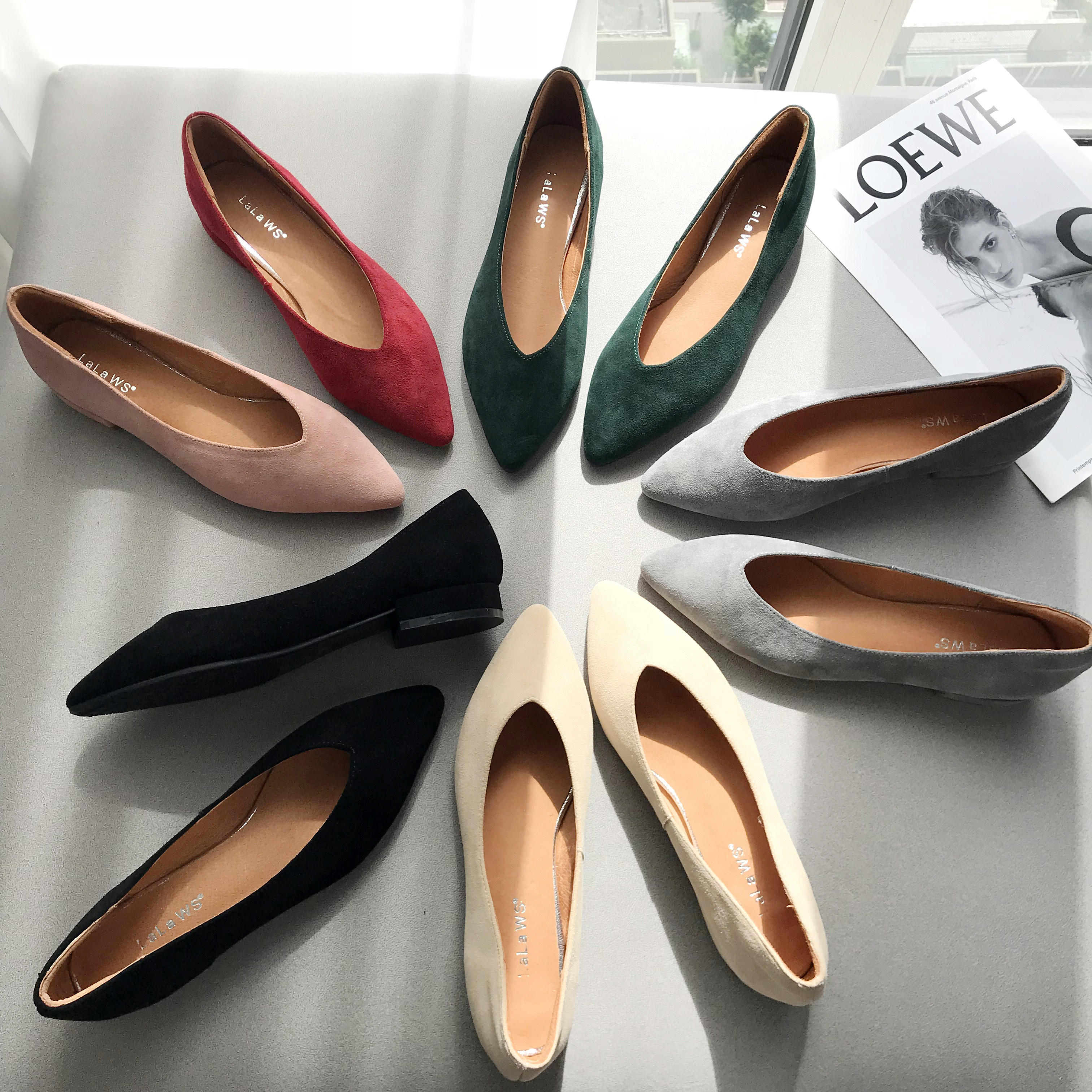 磨砂皮尖头浅口单鞋女V口平底低跟春季新款百搭真皮女鞋黑色工鞋,女鞋,浅口单鞋,淘宝优惠券,粉丝福利购,淘宝优惠卷