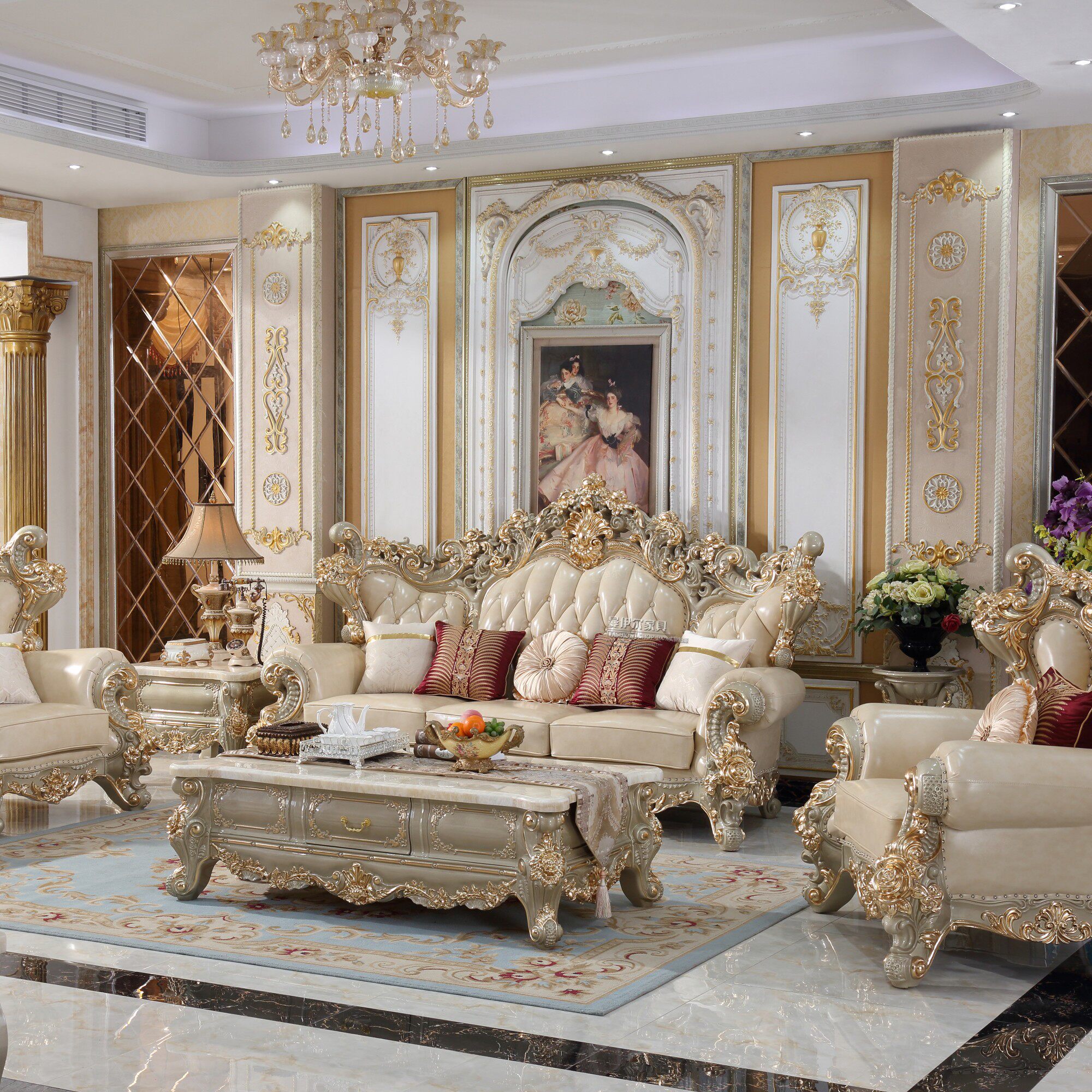 欧式实木真皮沙发奢华香槟金高档家具大户型别墅头层牛皮沙发组合