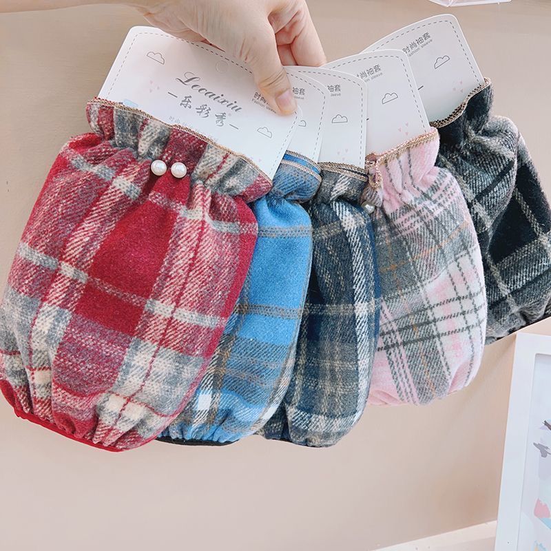 新款格子短款袖套女款秋冬季韩版学生套袖成人办公上班防脏护袖头