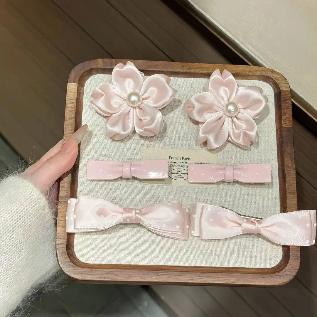 可爱少女粉色樱花蝴蝶结波点发夹甜美侧边夹鸭嘴发卡氛围感发卡