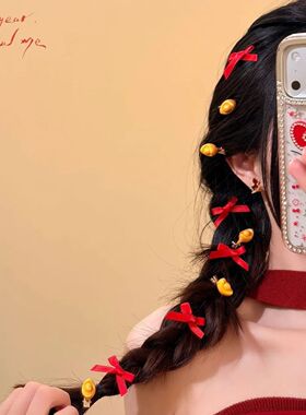 新年快乐~红色蝴蝶结金元宝发夹女侧边夹子可爱发卡发饰新年头饰
