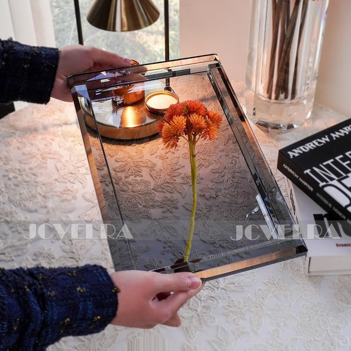 轻奢水晶玻璃托盘高级感漱口杯架酒店洗手台洗漱用品桌面收纳底座