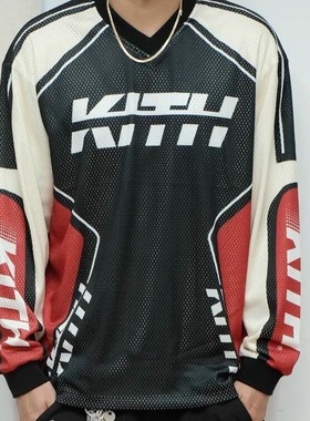 美式Kith风格赛车透气手网眼球衣复古圆领长袖T恤撞色拼接男女款