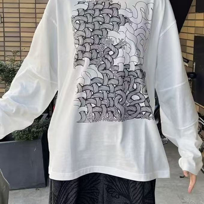 重磅扭结绳结麻绳印花男女圆领长袖T恤趣味艺术男女款纯棉三截袖