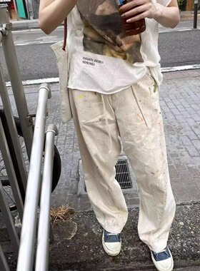重磅现货Ep！25ss泼墨印花拼接做旧水洗帆布裤男女宽松休闲长裤潮