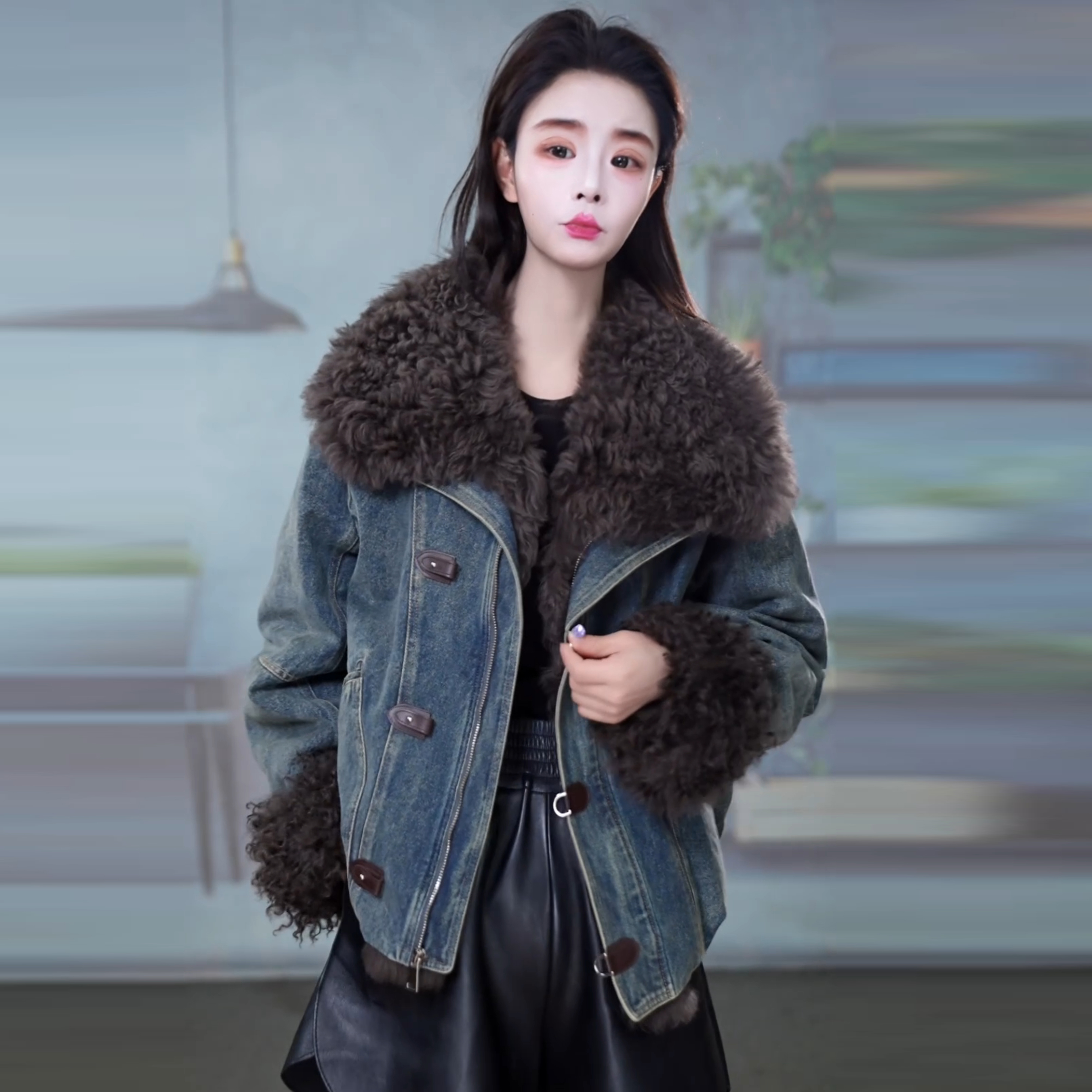 2025冬季新款优雅气质大毛领保暖时尚牛仔羽绒服M-3XL