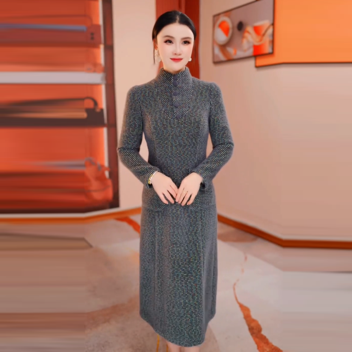 小格纹冬季加厚修身显瘦遮肉连衣裙H5B500气质高雅2025新款时尚