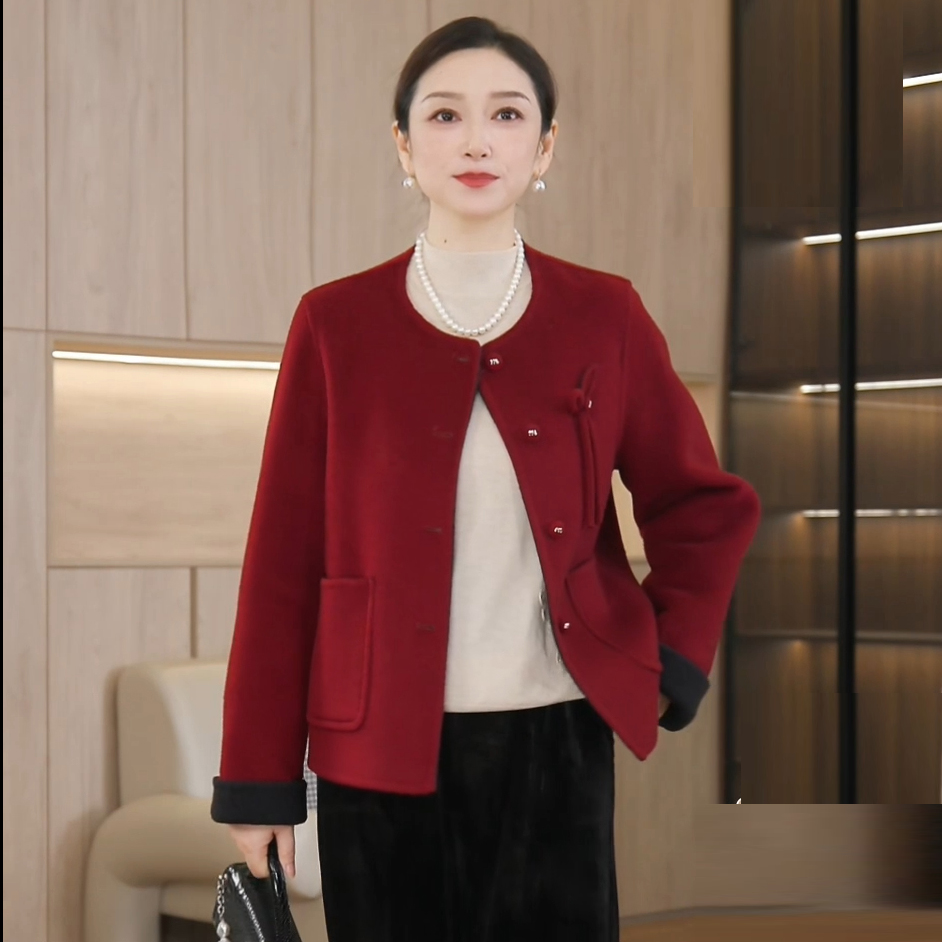 气质妈妈秋冬装含羊毛外套短款女装时尚圆领拼色XS6875