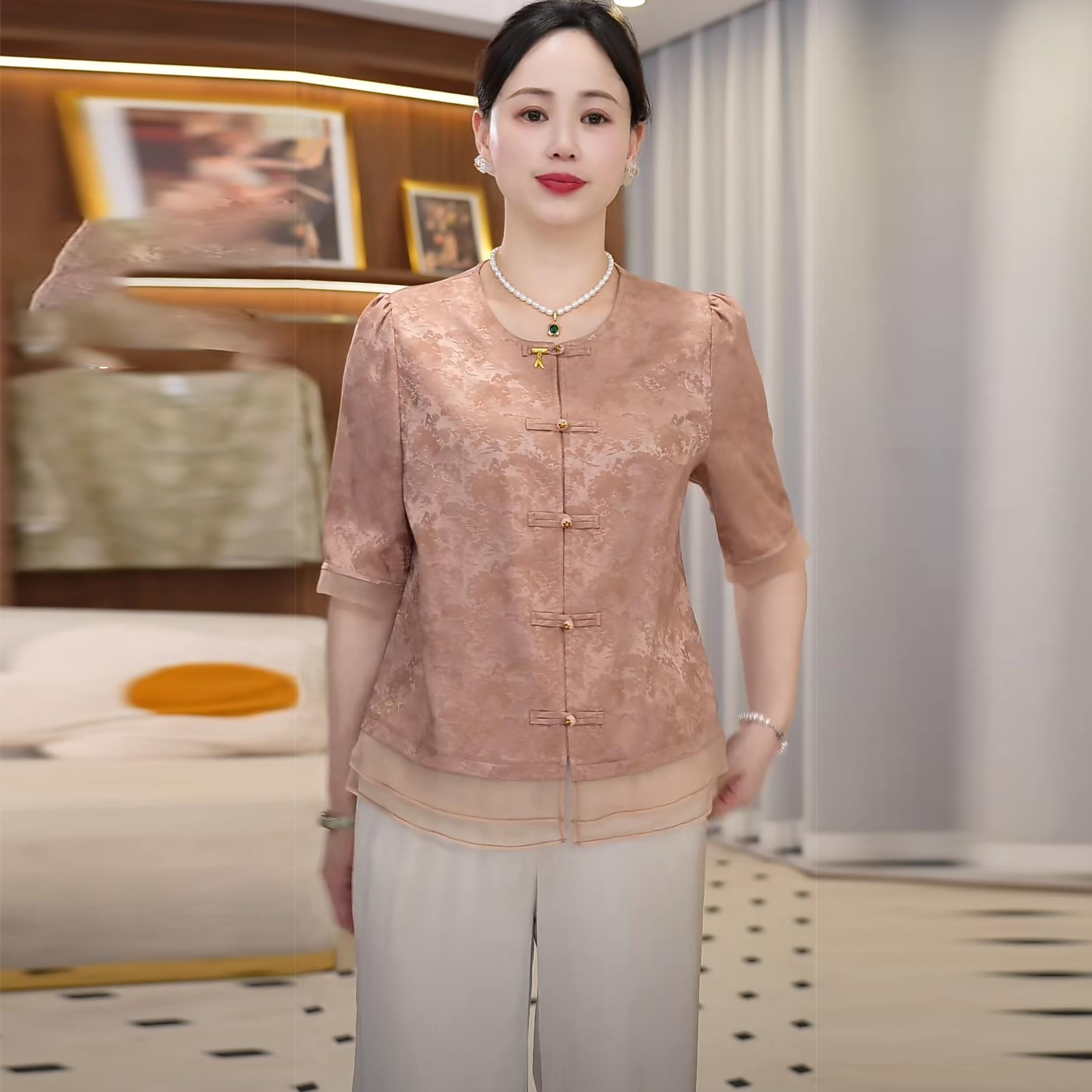 江南妈妈装夏季优雅小衫套装中老年女国风宽松大码上衣两件套