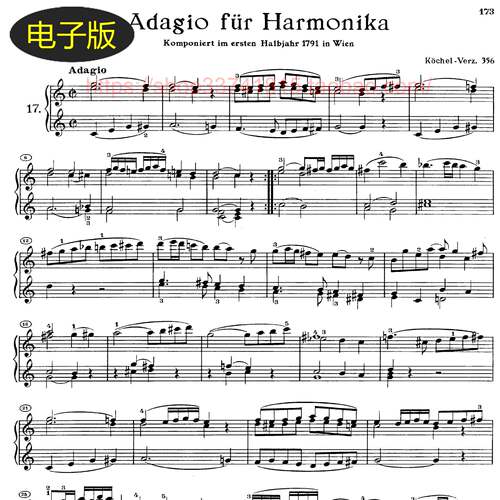 德国亨乐版 莫扎特 C大调柔板K.356 617a钢琴谱 古典乐谱