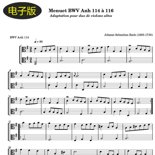 高清 小步舞曲Menuet Bwv Anh 114~116中提琴二重奏谱 va153