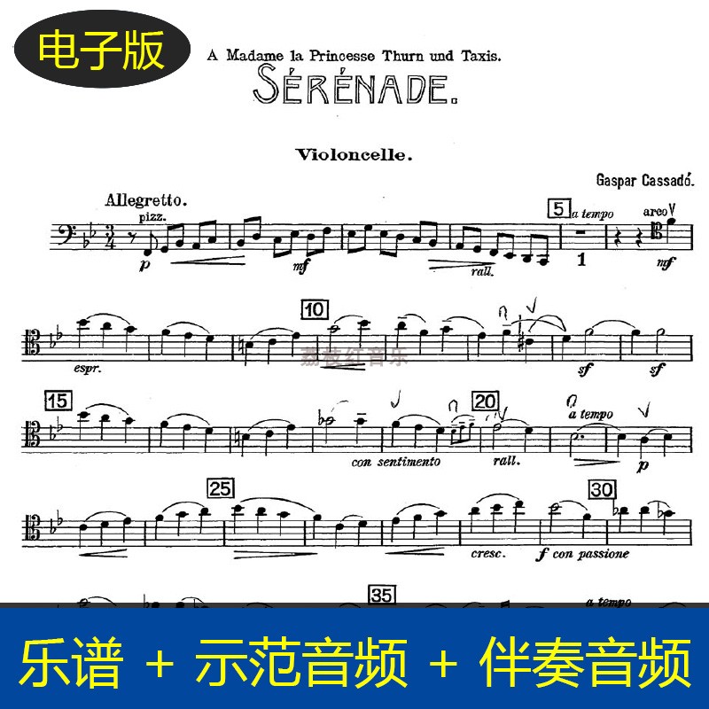 卡萨多《小夜曲》大提琴谱 赠送示范音频+伴奏音频 v577