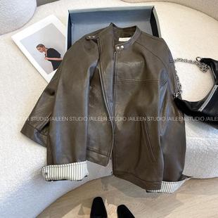 设计感小众条纹拼接休闲短皮夹克上衣潮 皮衣外套女新款 CCHEN