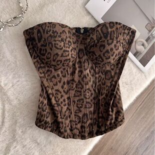 辣妹性感印花豹纹碎钻内搭鱼骨胸衣外穿露肩高级感抹胸吊带
