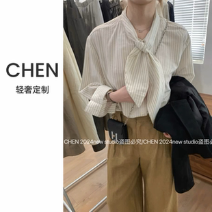 CHEN 小众系带条纹衬衫 88167秋季 设计师款 女宽松显瘦上衣 新款