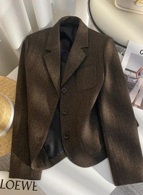 【CCHEN】咖啡色毛呢西装外套女新款高级设计感气质小西服