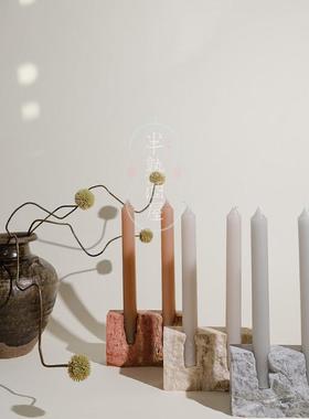 侘寂风黄洞石烛台摆件极简大理石蜡烛样板间浪漫氛围装饰品摆设