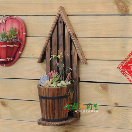 壁挂花盆吊兰碳化防腐木花箱花槽鸟巢房子木质鸟窝阳台栏杆花架