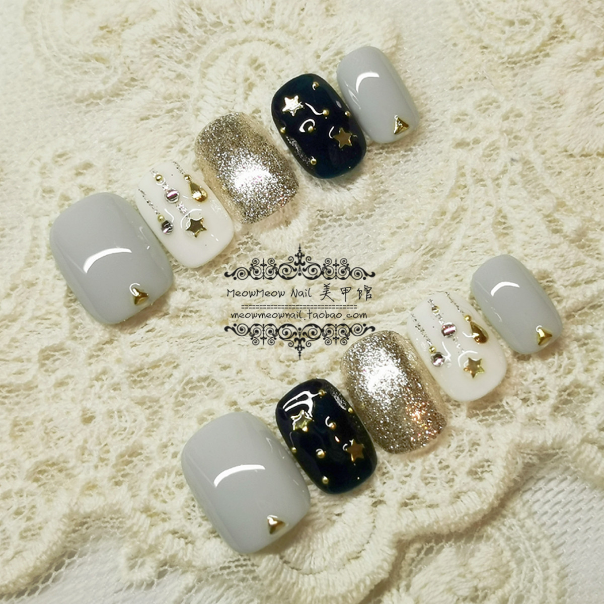 ins风简约短款 墨蓝灰色星星 日系光疗美甲片成品手工定制假指甲