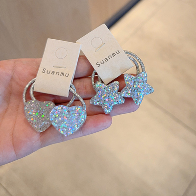 儿童银色爱心发圈女童五角星发绳闪闪星星头绳婴童公主扎发橡皮筋