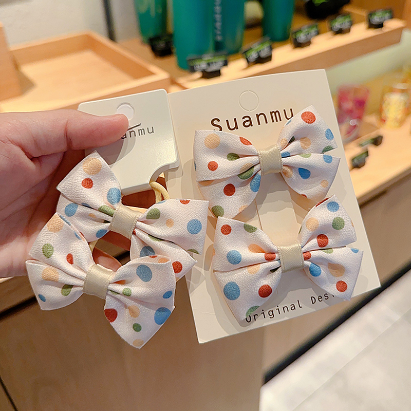 彩色波点可爱蝴蝶结发夹发圈儿童时尚前额刘海夹公主侧边对夹头饰