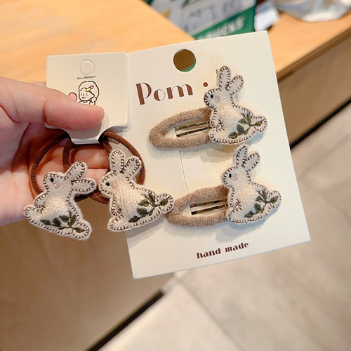 韩国儿童复古森系秋冬手工针织毛线刺绣小兔发夹发圈可爱兔子头绳