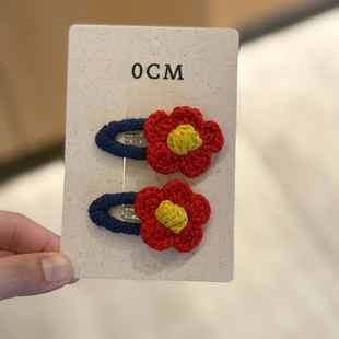 新年红色儿童刘海发夹女孩红花发卡发饰女童可爱毛线花朵BB夹头饰