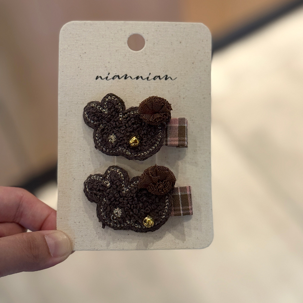 niannian念念儿童秋冬毛绒兔兔铃铛发夹咖色系卡通小兔发饰发卡子