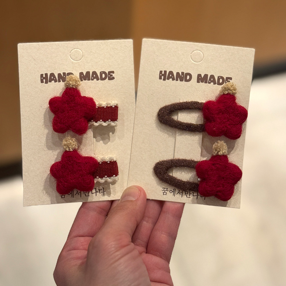 儿童羊毛毡可爱星星发夹女童甜美新年酒红色碎发夹婴童全包布发卡