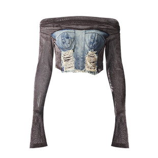 牛仔半身裙时尚 露脐打底衫 2件套 一字肩丝绒长袖 辣妹风设计24秋款