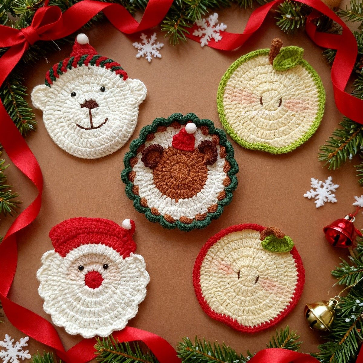【成品】手工钩织毛线圣诞老人苹果小熊隔热杯垫节日氛围装饰礼品,节庆用品/礼品,文化创意杯垫/餐垫,淘宝优惠券,粉丝福利购,淘宝优惠卷