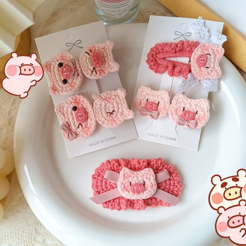 钩织粉色猪猪发夹可爱卡通儿童边夹BB夹头饰掰夹手工钩针毛线成品