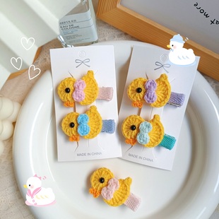 手工钩织毛线小鸭发夹可爱蝴蝶结全包鸭嘴夹儿童不伤头皮边夹成品