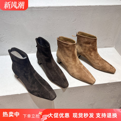乐魔方头后拉链高跟马丁靴短靴潮