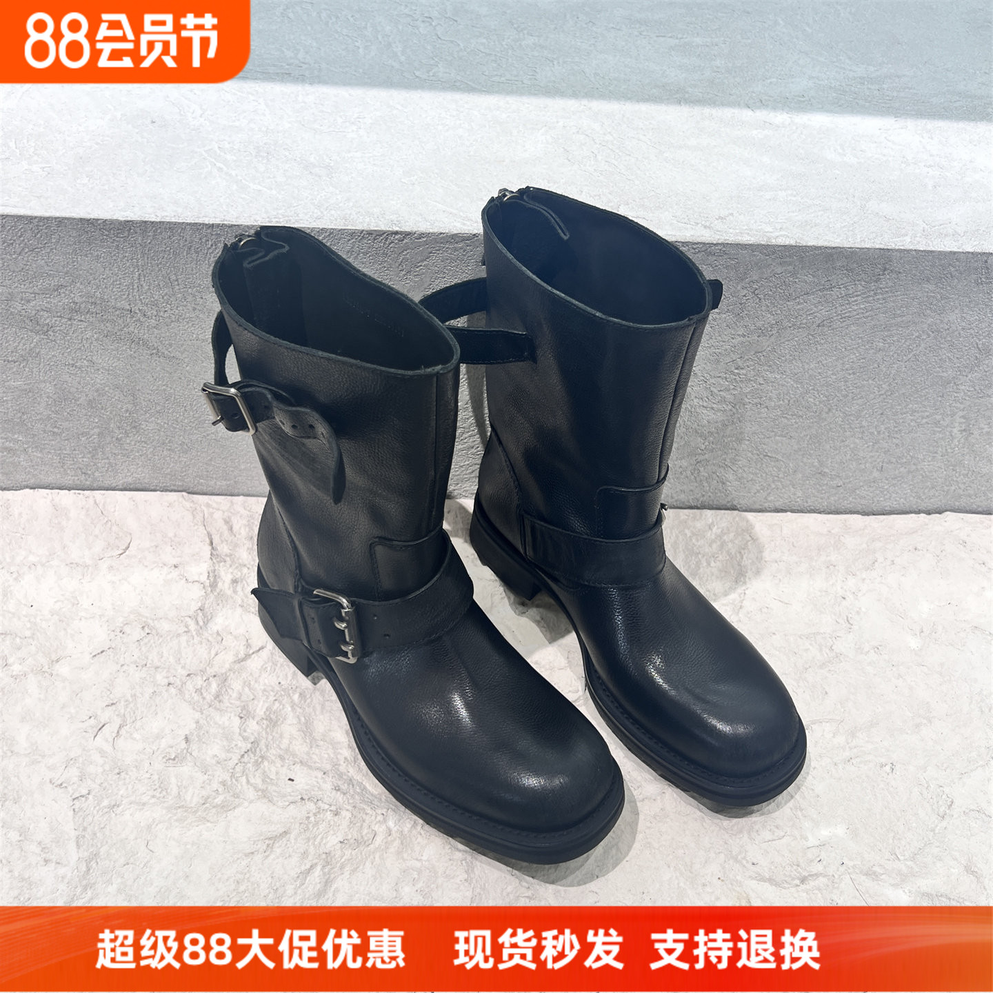 欧货真皮粗跟皮带扣机短靴马丁靴