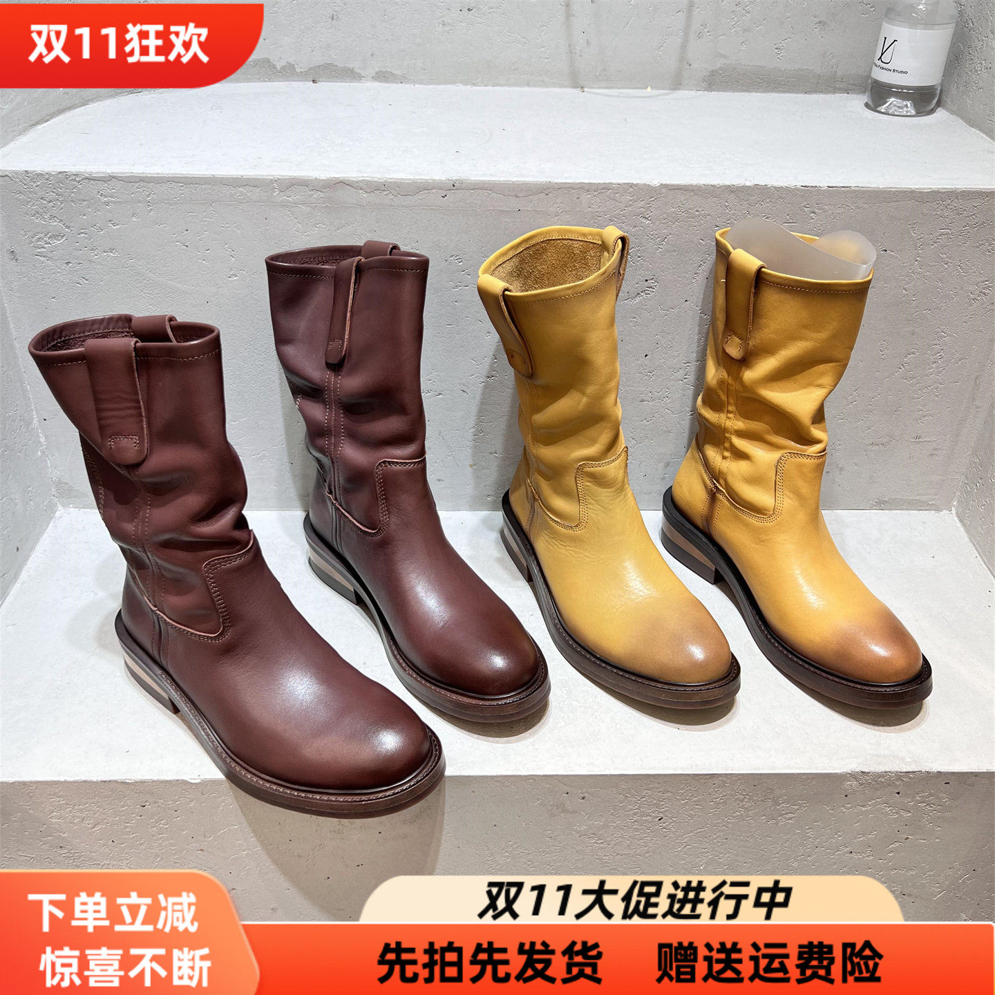 乐魔真皮粗跟套筒百搭马丁靴短靴